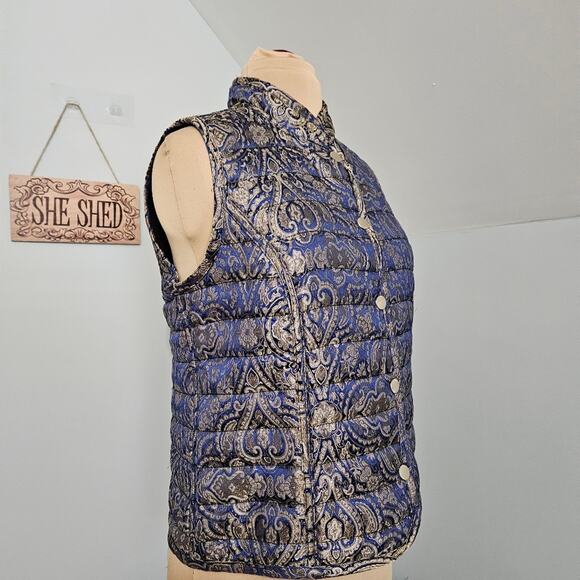 Chico's Reversible Quilted Vest Snap Front Sleeveless Blue Jacquard Black Jacket - Picture 5 of 15